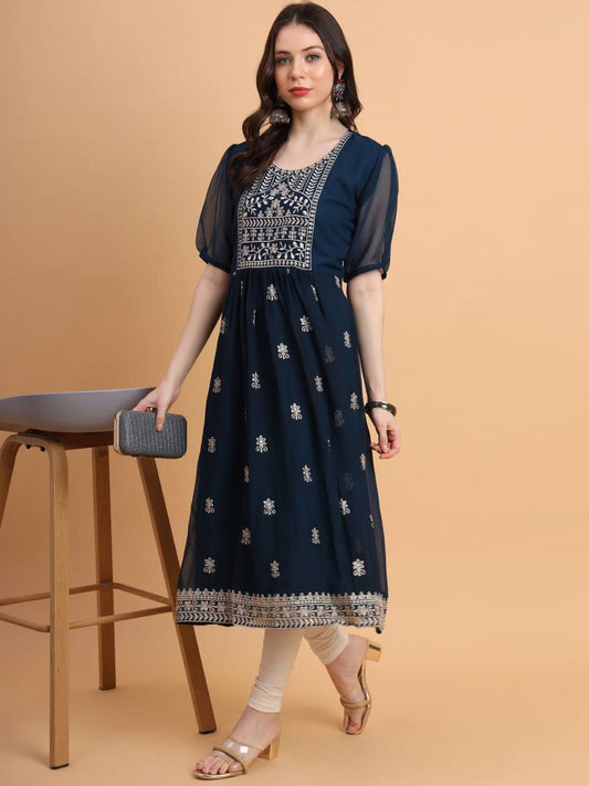 Women Embroidered Georgette Flared Kurta