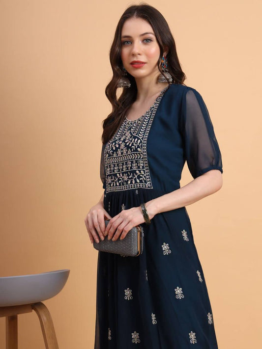 Women Embroidered Georgette Flared Kurta