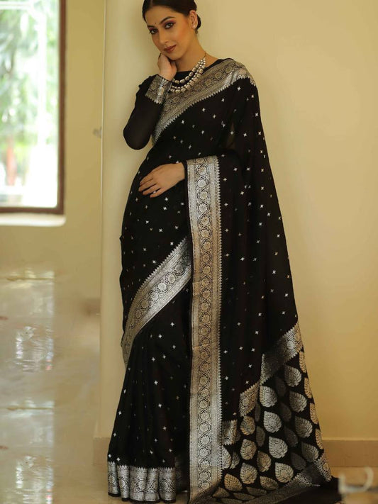Black Colour Kanjivaram Woven Silk Saree With Blouse Piece