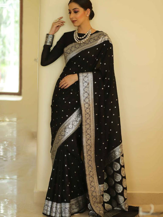 Black Colour Kanjivaram Woven Silk Saree With Blouse Piece