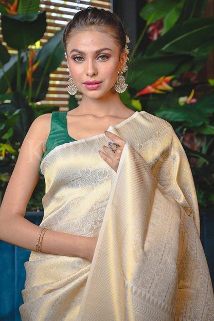 Wedding Wear Kanjivaram Woven Silk Saree With Blouse Piece - CREAM