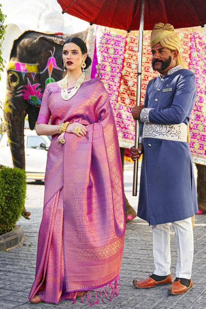 Wedding Wear Kanjivaram Woven Silk Saree With Blouse Piece - PINK
