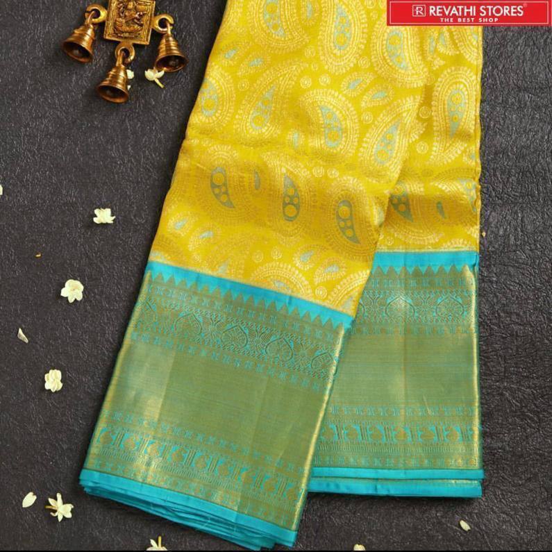 Yellow and Aqua Green Colour Kanjivaram Woven Silk Saree With Blouse Piece