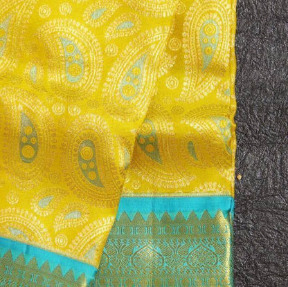 Yellow and Aqua Green Colour Kanjivaram Woven Silk Saree With Blouse Piece