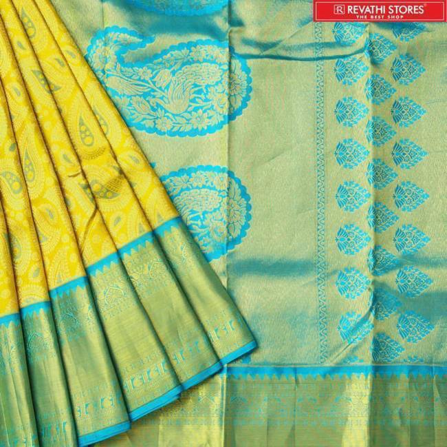 Yellow and Aqua Green Colour Kanjivaram Woven Silk Saree With Blouse Piece