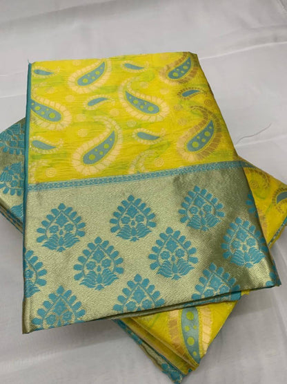 Yellow and Aqua Green Colour Kanjivaram Woven Silk Saree With Blouse Piece