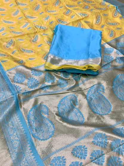 Yellow and Aqua Green Colour Kanjivaram Woven Silk Saree With Blouse Piece