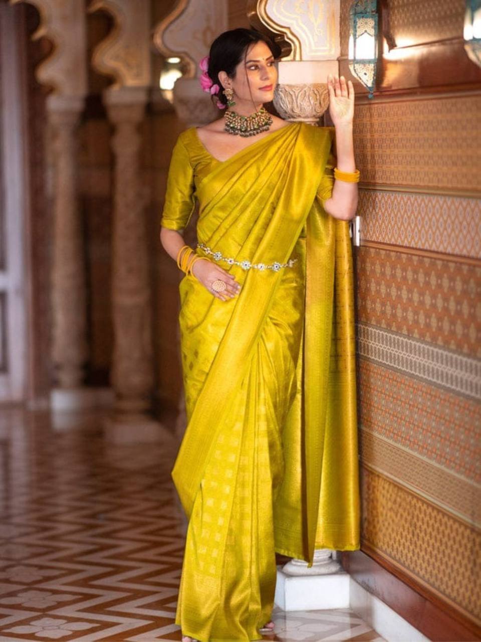Luxurious Handcrafted Traditional Saree - LEMON YELLOW