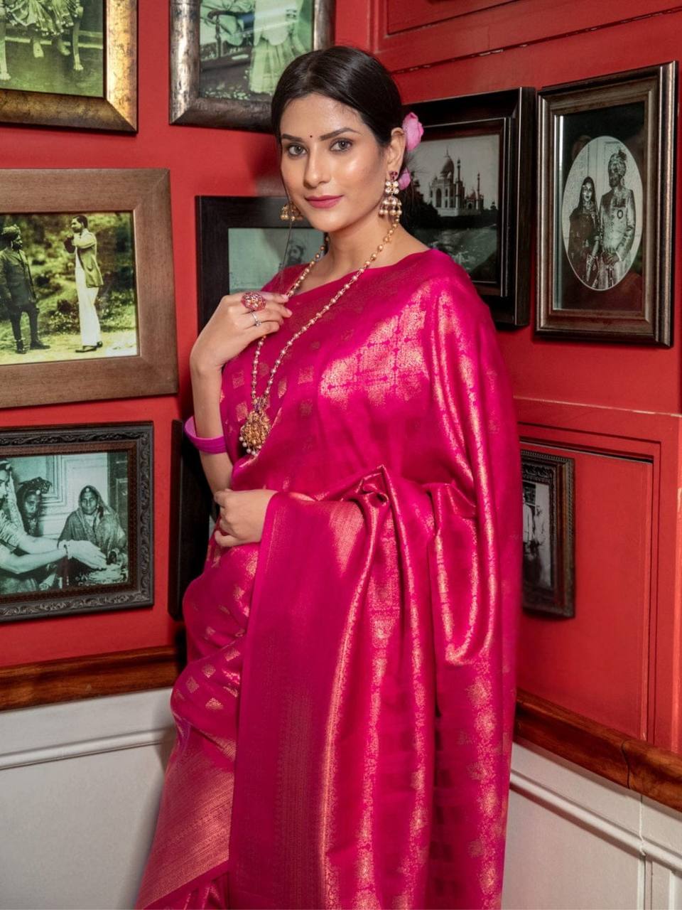 Luxurious Handcrafted Traditional Saree - DARK PINK