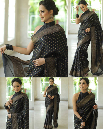 Premium Soft Silk Polka Dot Saree Collection with Rich Zari Border – Festive & Wedding Wear - BLACK