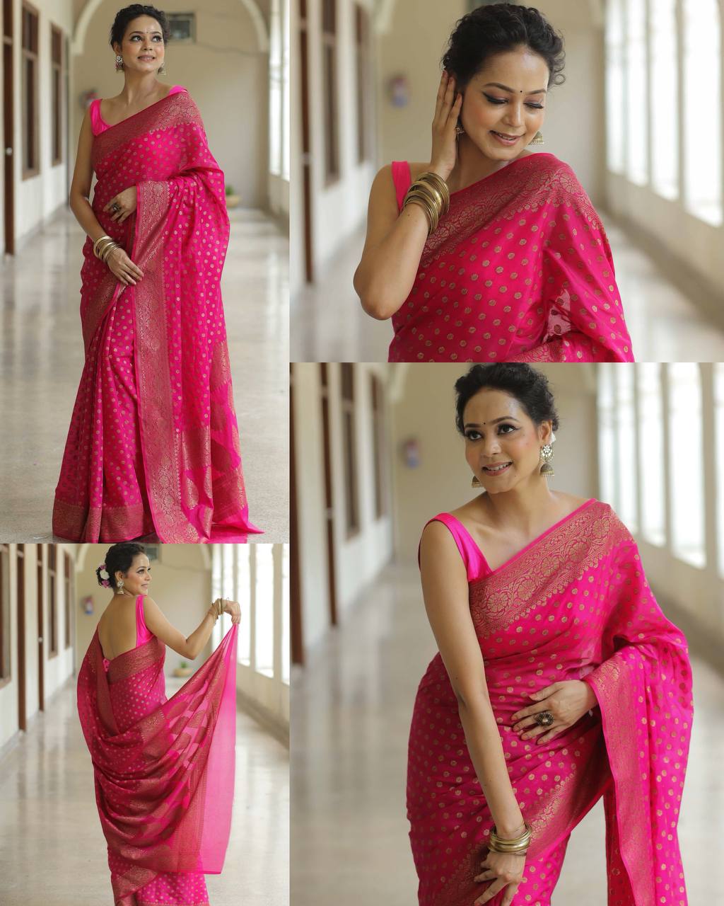 Premium Soft Silk Polka Dot Saree Collection with Rich Zari Border – Festive & Wedding Wear - MAGENTA