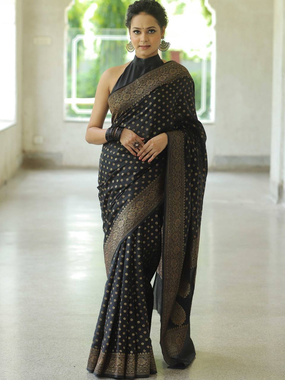 Premium Soft Silk Polka Dot Saree Collection with Rich Zari Border – Festive & Wedding Wear - BLACK