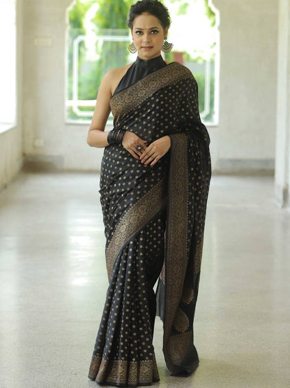 Premium Soft Silk Polka Dot Saree Collection with Rich Zari Border – Festive & Wedding Wear - BLACK