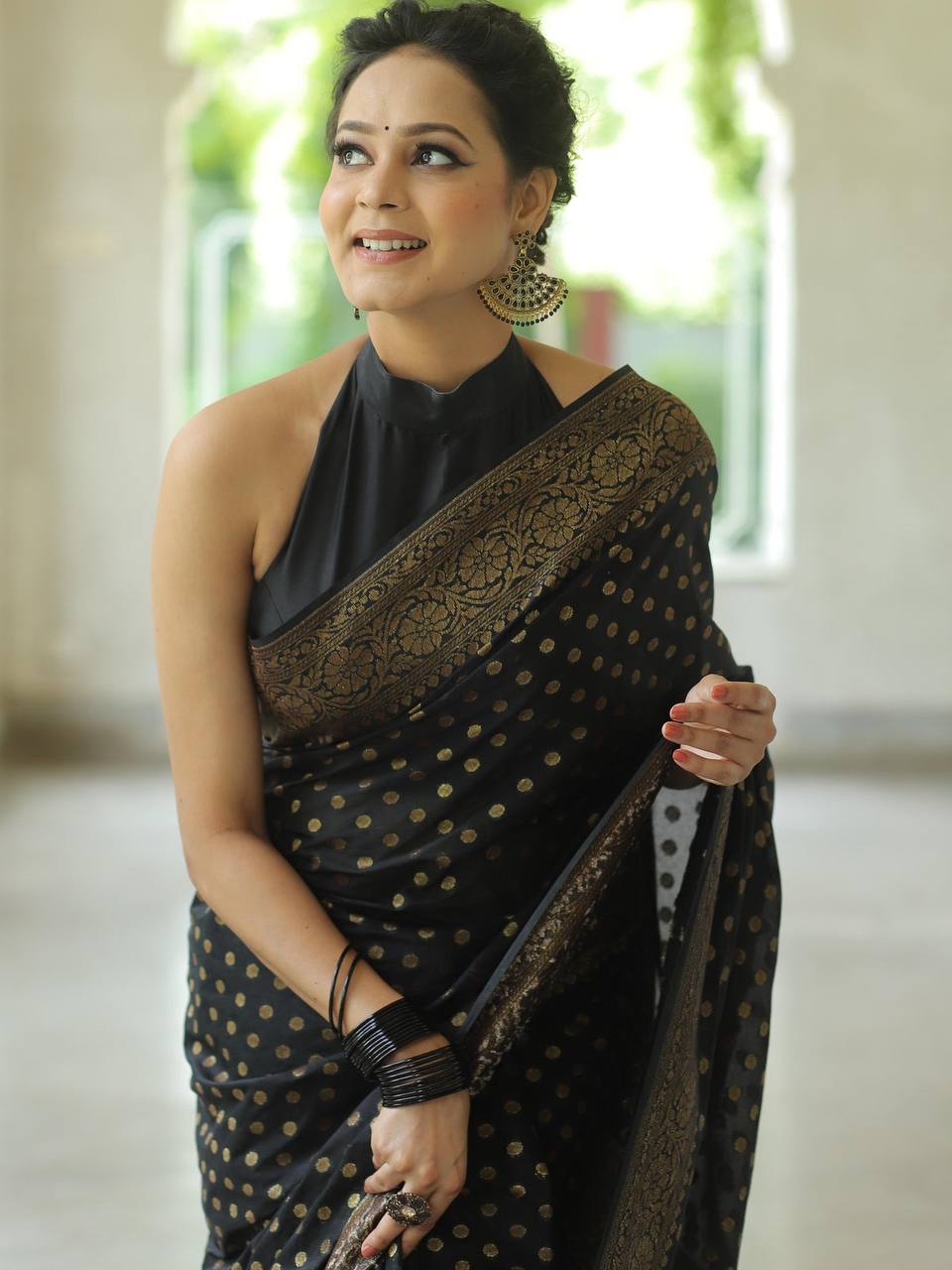 Premium Soft Silk Polka Dot Saree Collection with Rich Zari Border – Festive & Wedding Wear - BLACK