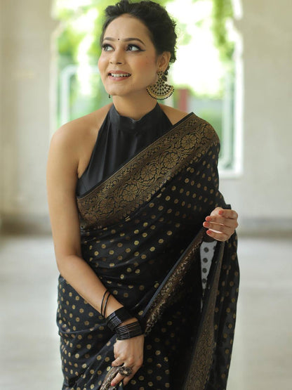Premium Soft Silk Polka Dot Saree Collection with Rich Zari Border – Festive & Wedding Wear - BLACK