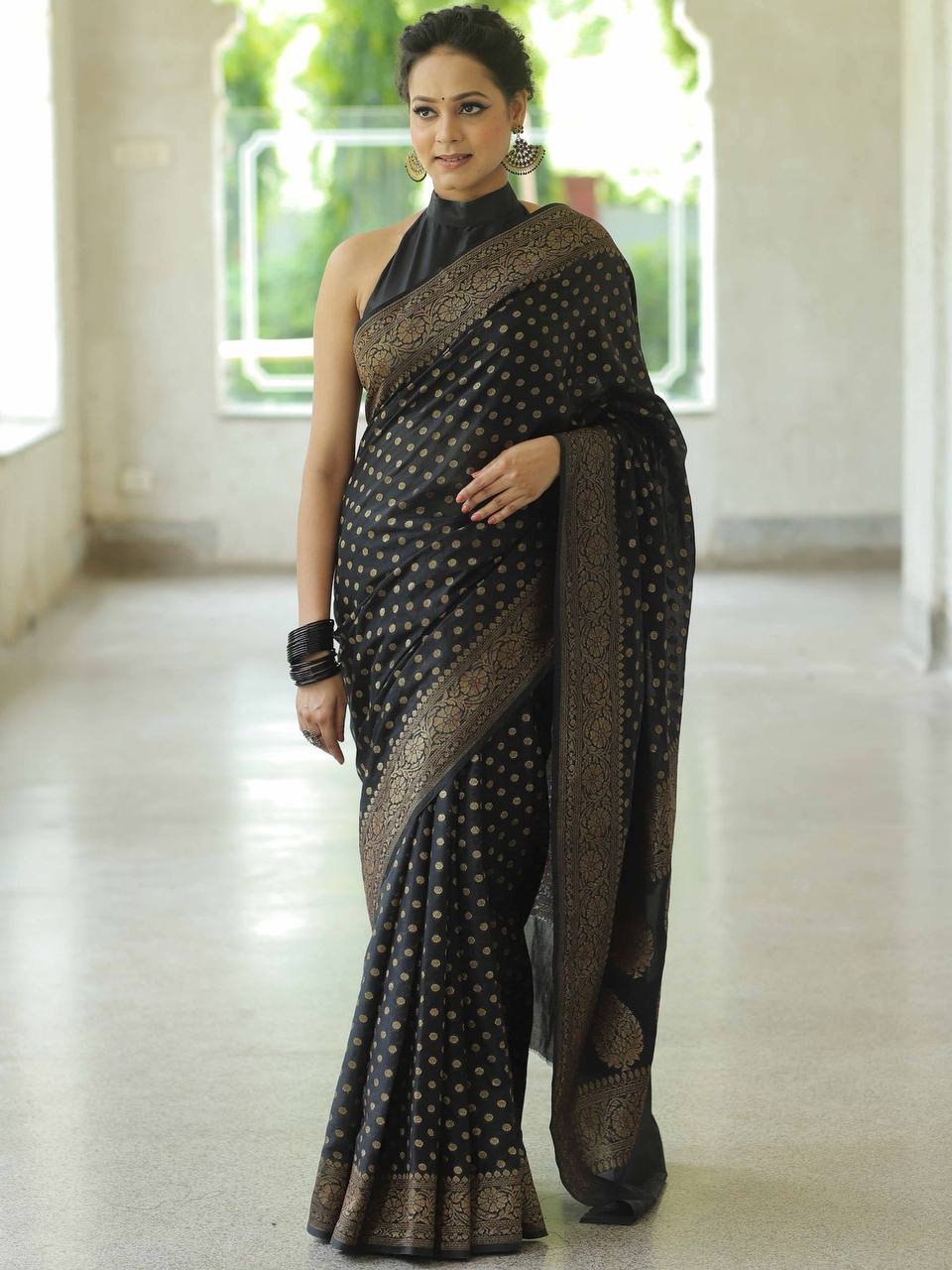 Premium Soft Silk Polka Dot Saree Collection with Rich Zari Border – Festive & Wedding Wear - BLACK