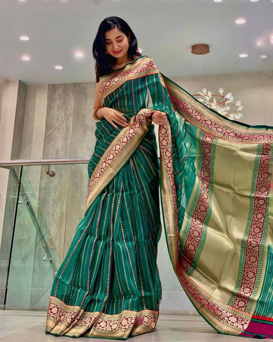 Elegant Green Soft Lichi Silk Saree with Rich Pallu & Jacquard Border