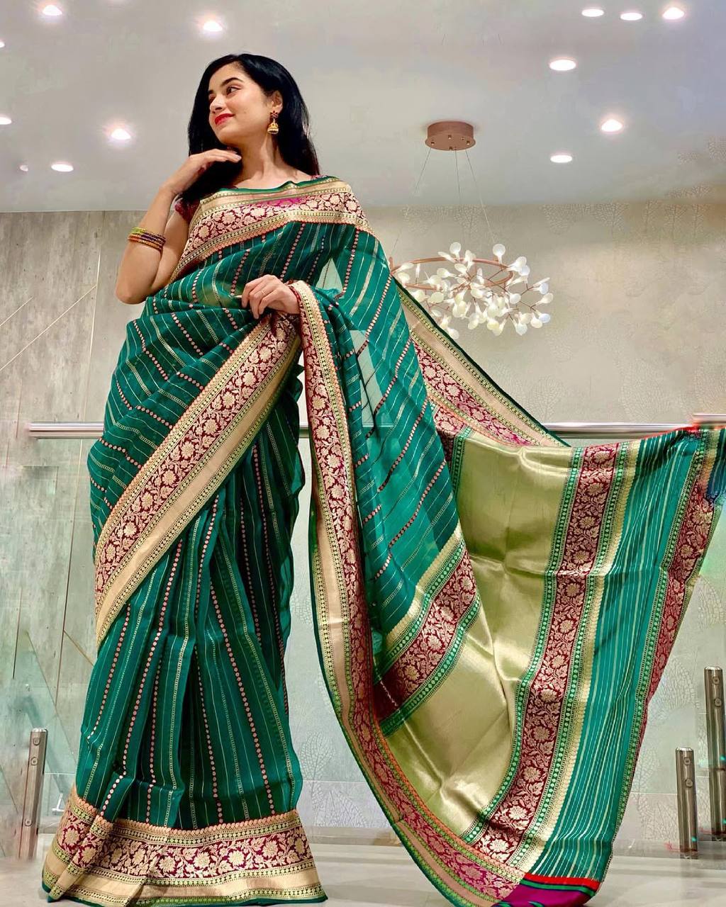 Elegant Green Soft Lichi Silk Saree with Rich Pallu & Jacquard Border