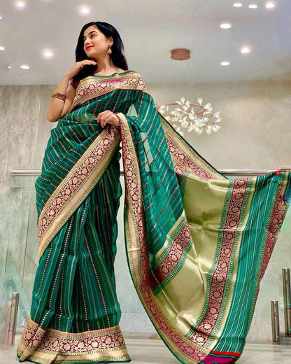 Elegant Green Soft Lichi Silk Saree with Rich Pallu & Jacquard Border