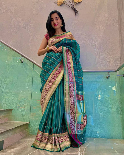 Elegant Green Soft Lichi Silk Saree with Rich Pallu & Jacquard Border