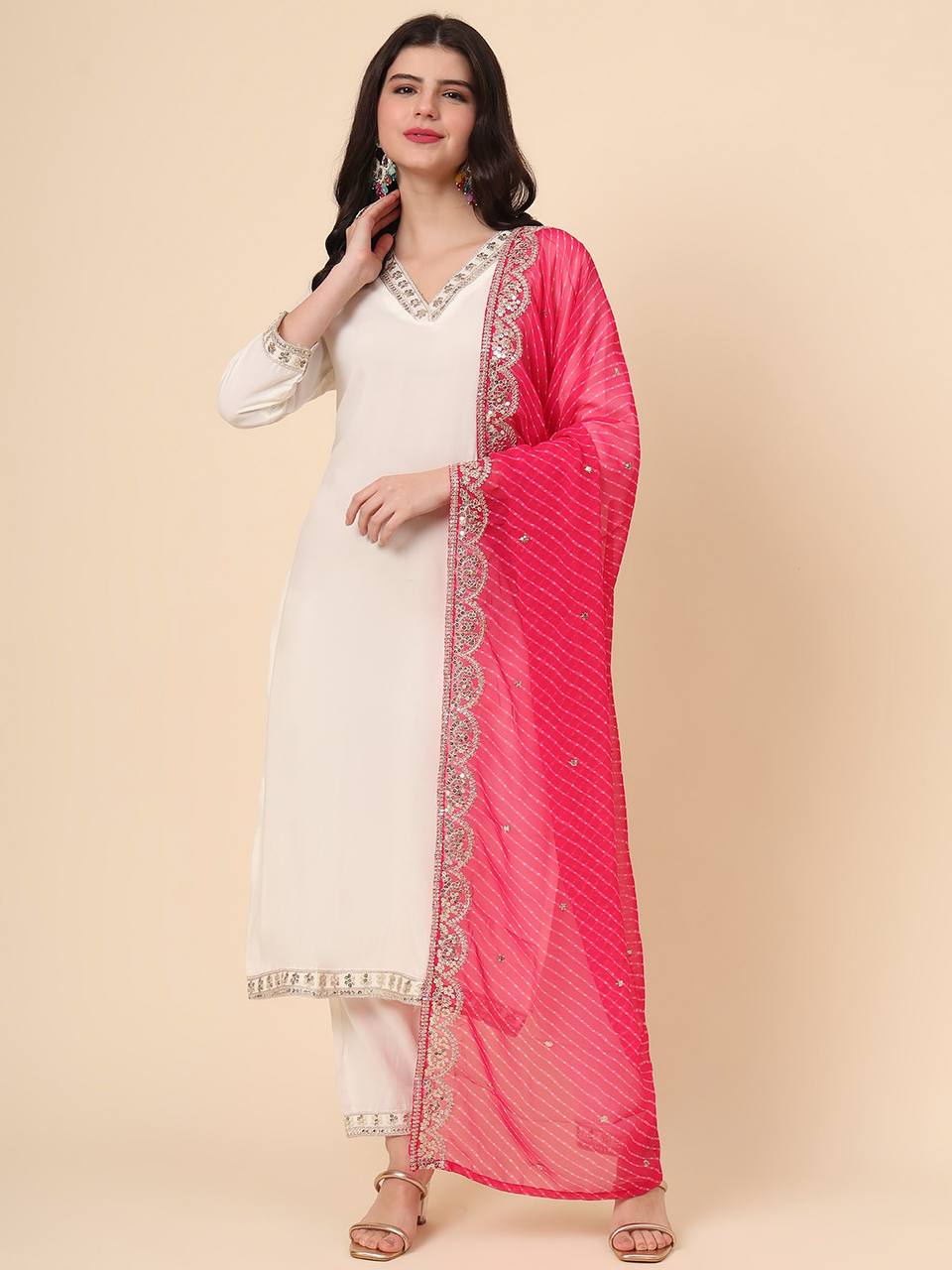 Embroidered Sequinned Kurta with Pyjama & Dupatta