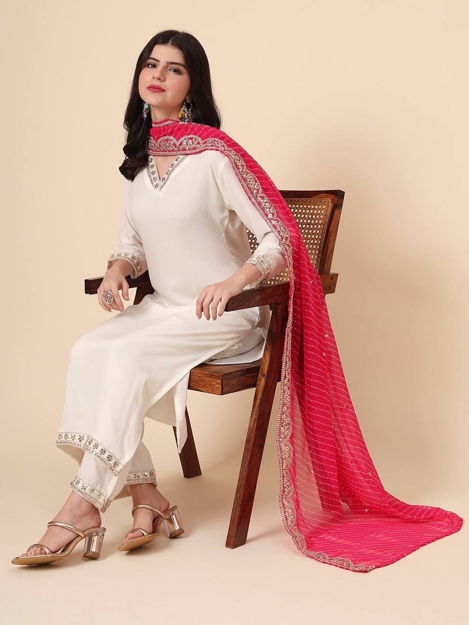 Embroidered Sequinned Kurta with Pyjama & Dupatta