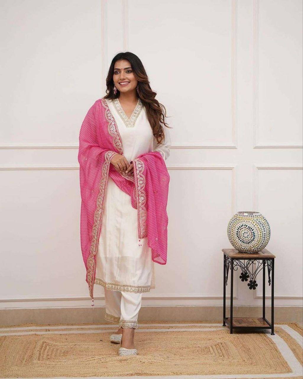 Embroidered Sequinned Kurta with Pyjama & Dupatta