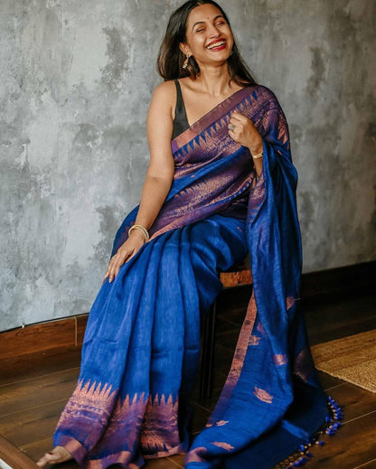 Elegant Blue Soft Lilan Slab Saree with Rich Pallu & Weaving Work