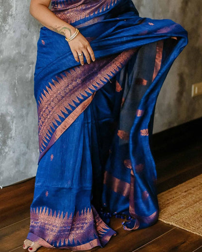 Elegant Blue Soft Lilan Slab Saree with Rich Pallu & Weaving Work
