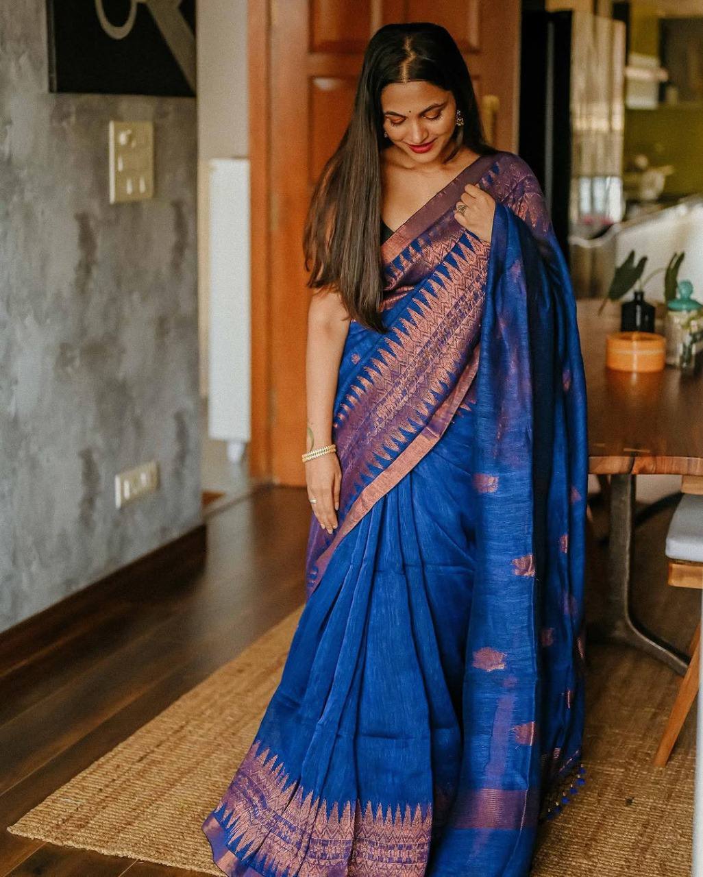 Elegant Blue Soft Lilan Slab Saree with Rich Pallu & Weaving Work