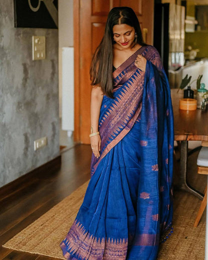 Elegant Blue Soft Lilan Slab Saree with Rich Pallu & Weaving Work