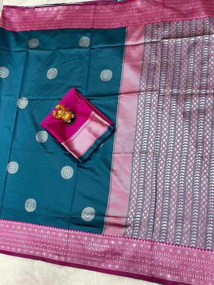 Morpich Colour Banarasi Litchi Silk Saree With Blouse PieceSoft Litchi Silk Lace Border Saree