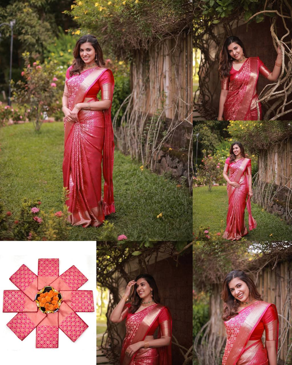 Radiant Red Silk Saree with Golden Tissue Border – Elegant Festive & Wedding Wear