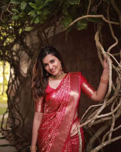 Radiant Red Silk Saree with Golden Tissue Border – Elegant Festive & Wedding Wear