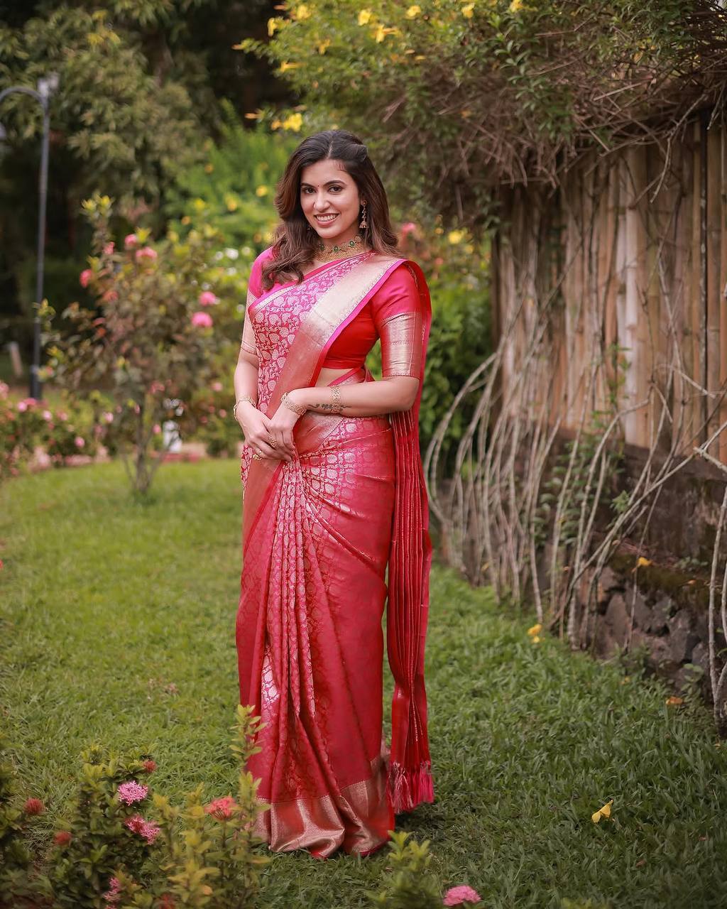 Radiant Red Silk Saree with Golden Tissue Border – Elegant Festive & Wedding Wear