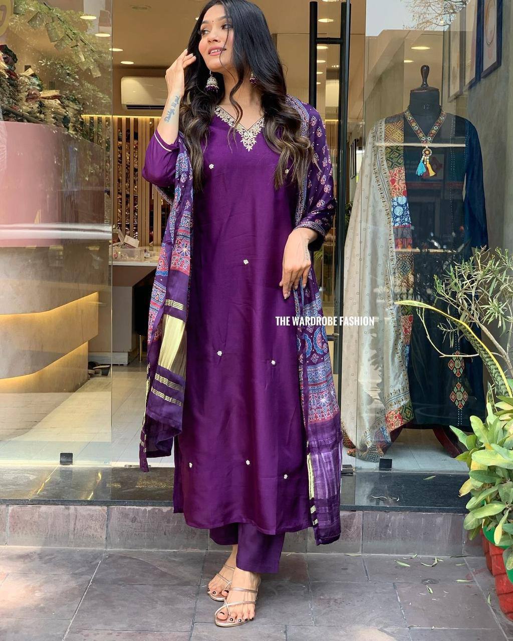 Royal Purple Russian Silk Kurti Set with Gazi Silk Dupatta
