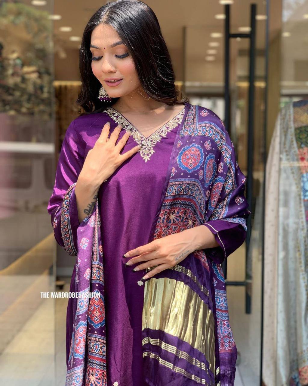 Royal Purple Russian Silk Kurti Set with Gazi Silk Dupatta
