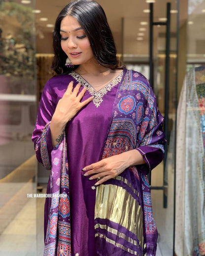 Royal Purple Russian Silk Kurti Set with Gazi Silk Dupatta