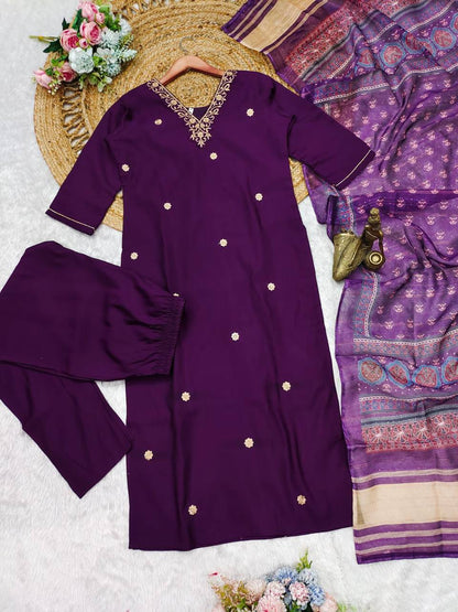 Royal Purple Russian Silk Kurti Set with Gazi Silk Dupatta