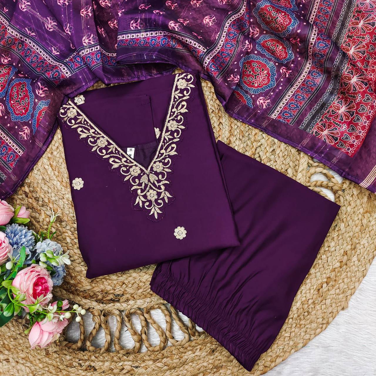 Royal Purple Russian Silk Kurti Set with Gazi Silk Dupatta
