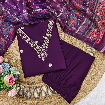 Royal Purple Russian Silk Kurti Set with Gazi Silk Dupatta