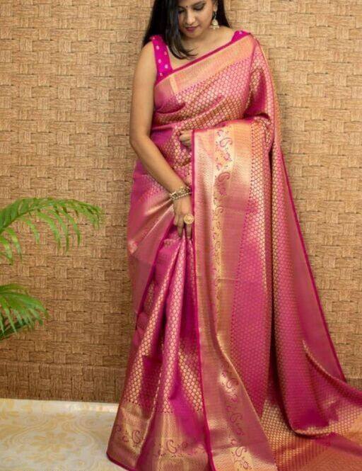 Bold Pink Colour Kanjivaram Woven Silk Saree With Blouse Piece