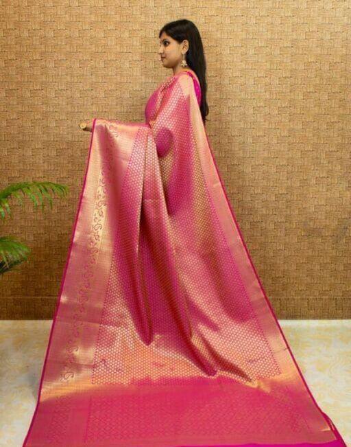 Bold Pink Colour Kanjivaram Woven Silk Saree With Blouse Piece