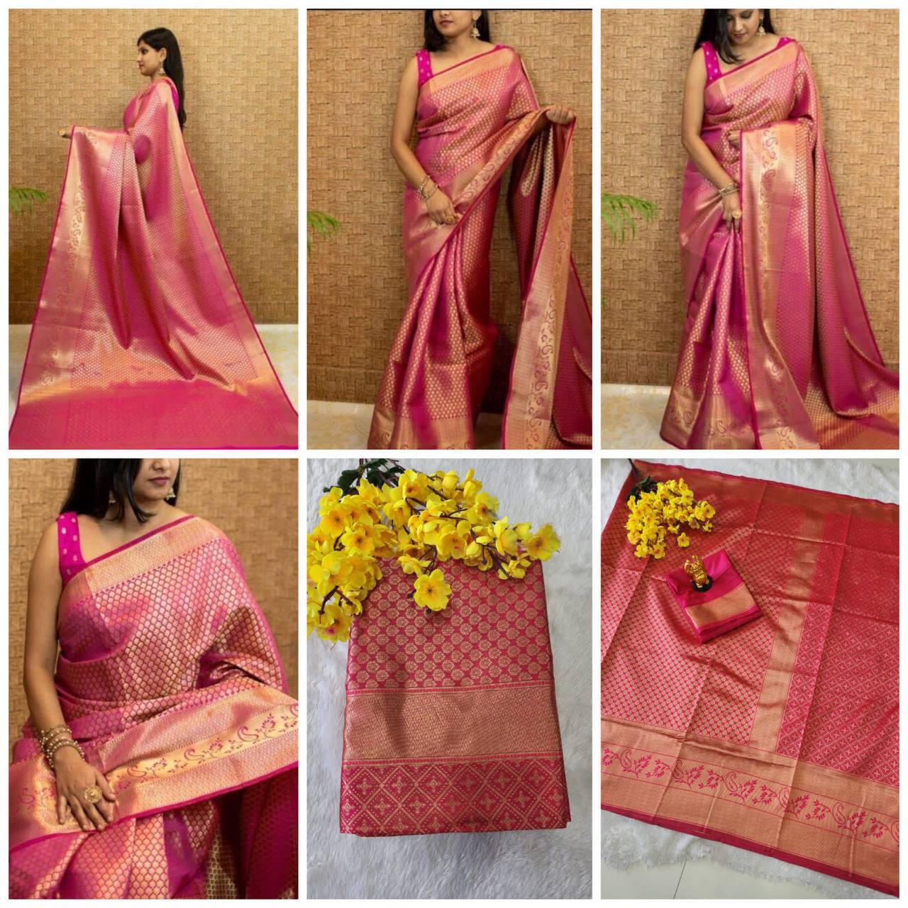 Bold Pink Colour Kanjivaram Woven Silk Saree With Blouse Piece