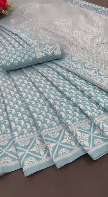 Sky Blue Color Banarasi Litchi Silk Saree With Blouse Piece